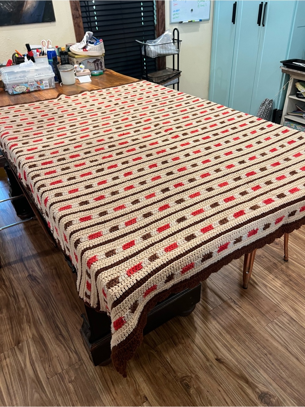 Crochet Table Throw - Cream, Brown & Red Accents